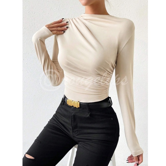 Ruched Asymmetric Beige Long Sleeve Bodysuit Slim Fit - Picture 1 of 8